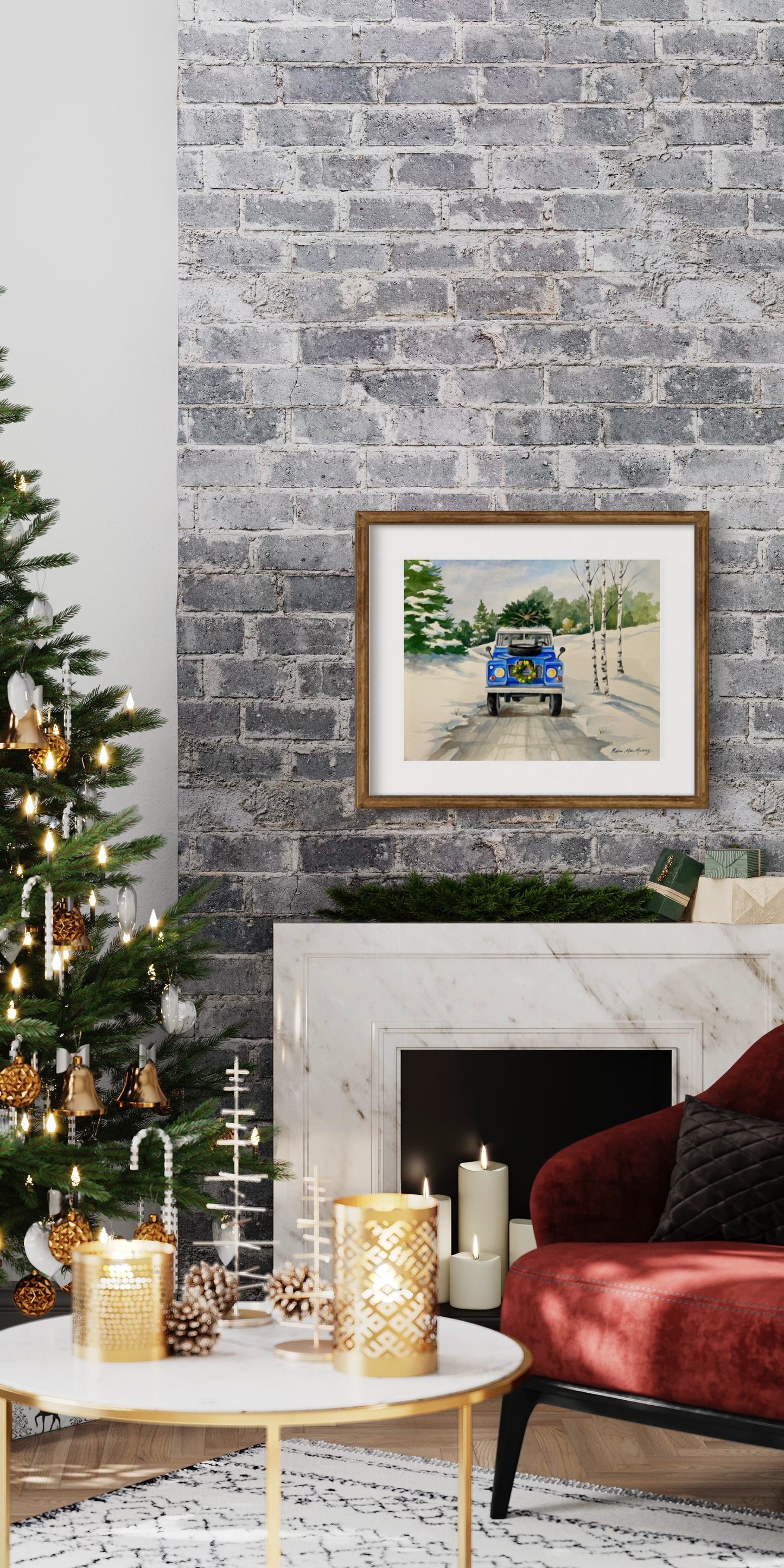 Artwork - Watercolor Print "Bringing home the tree", 5"x7" matted print