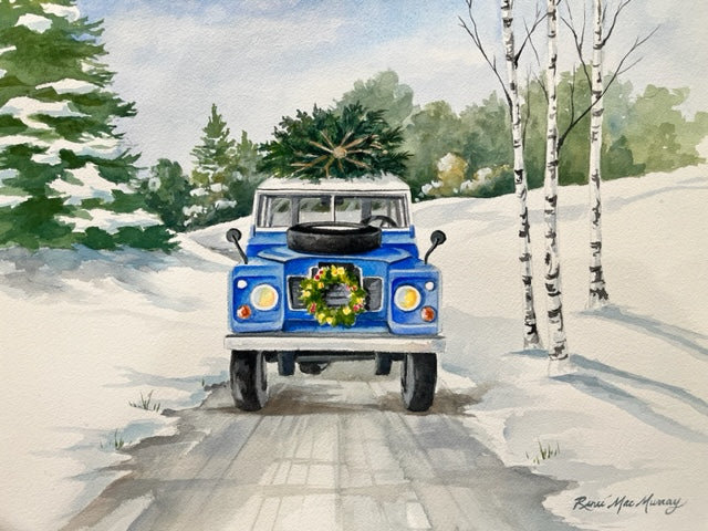 Artwork - Watercolor Print "Bringing home the tree", 5"x7" matted print